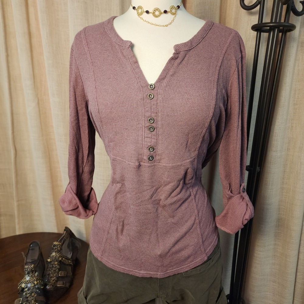 Jane and Delancey Waffle Knit Henley Top Large Mauve Pink Roll Tab Sleeve Rayon